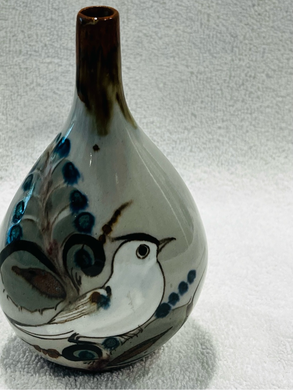 Mexican Art - Ceramic Bird Accent Vase in White and Brown